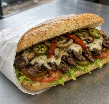 Loaded steak sub on herb bread