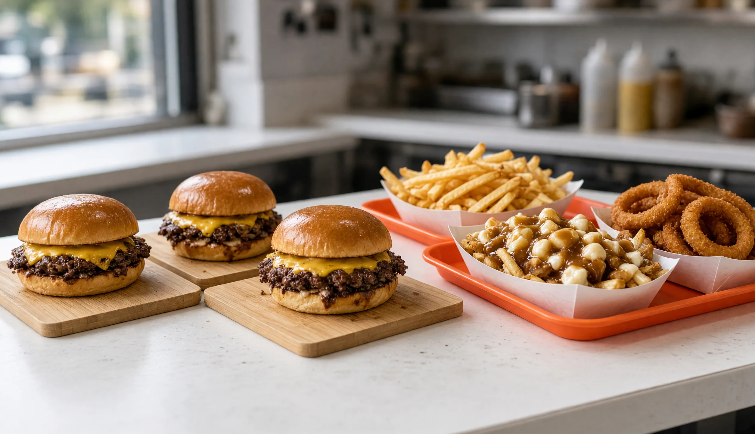 Smash burgers and sides on a white counter