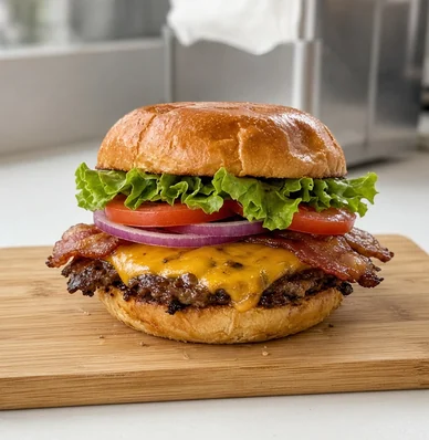 Bacon Classic smash burger on a wooden board