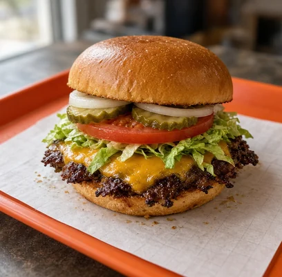 Smash cheeseburger on an orange tray