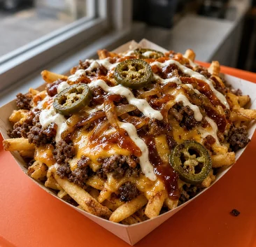 Loaded Jalapeno Fries on an orange tray