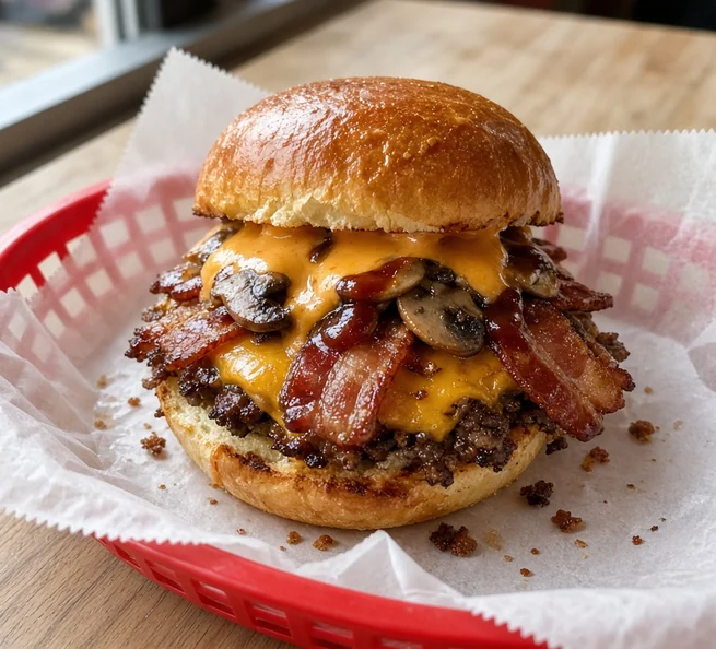 Mushroom Melt with bacon, mushrooms and melted cheese in a basket