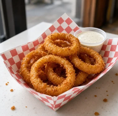 Onion rings in a paper boat with dipping sauce
