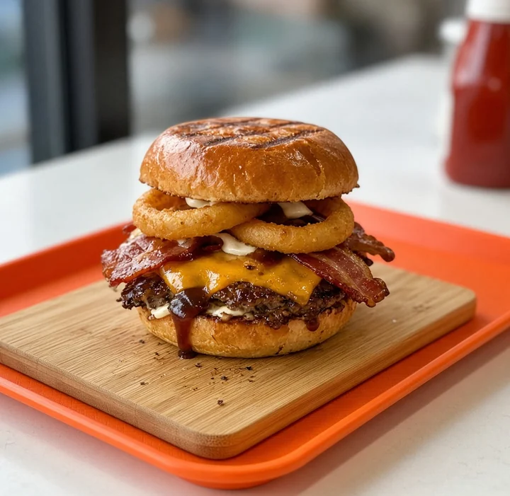 Ringer smash burger with an onion ring topping and bacon on a wooden board