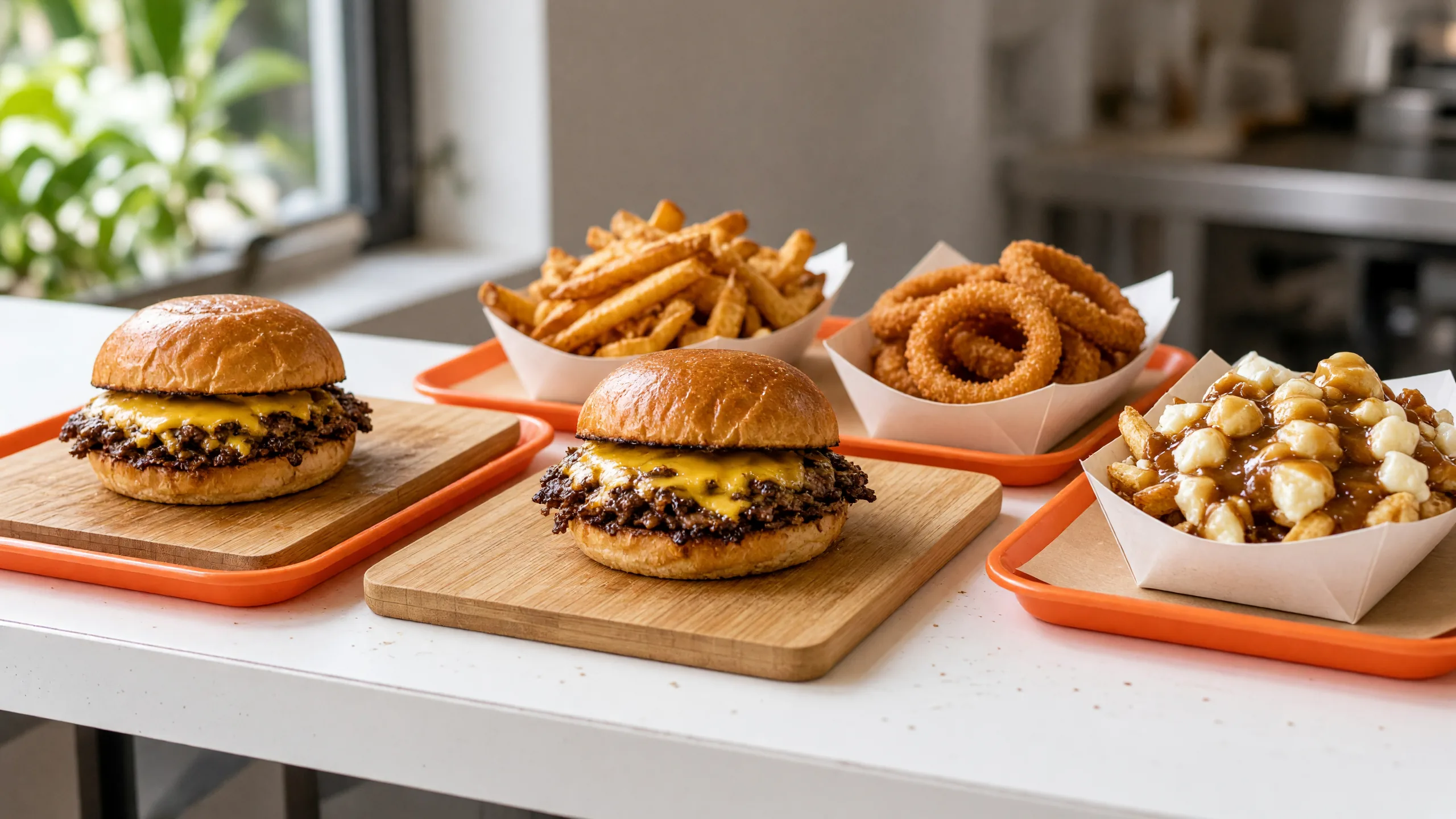 Two smash cheeseburgers on wooden boards with fries and sides on orange trays
