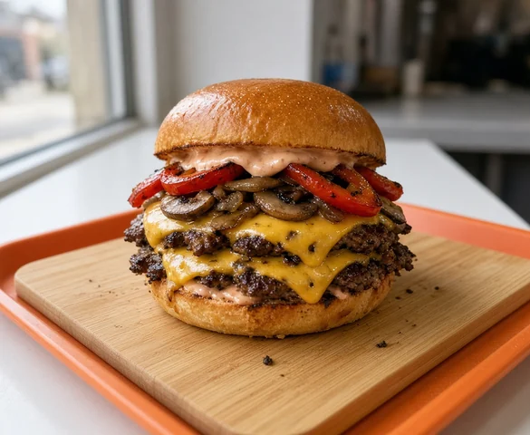 Dude Smasher with two cheese slices, grilled onion, mushroom and red pepper