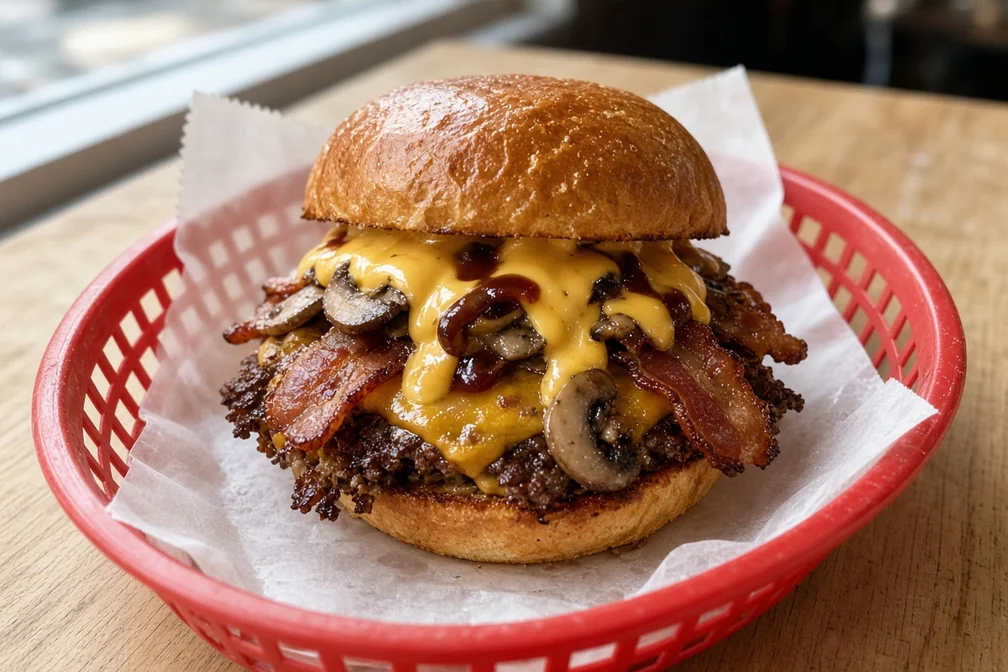 Mushroom Melt smash burger with cheddar, bacon, mushrooms and cheese sauce