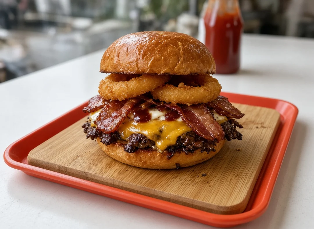 Ringer smash burger with cheddar, bacon, a crispy onion ring topping and BBQ sauce