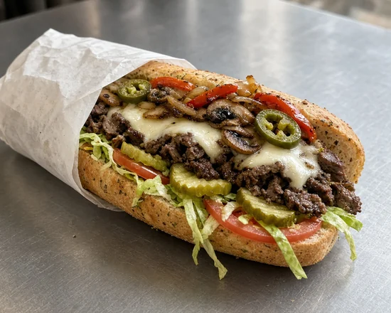Ultimate Loaded Steak Sub with steak, Swiss cheese, mushrooms, jalapenos and red peppers on herb bread