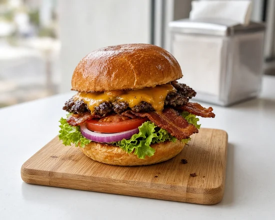 Bacon Classic smash burger with cheddar, bacon, lettuce, tomato and onion