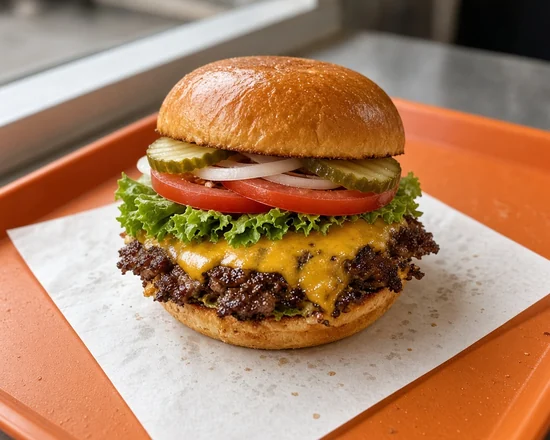 Smash cheeseburger with cheddar, lettuce, tomato, onion and pickles