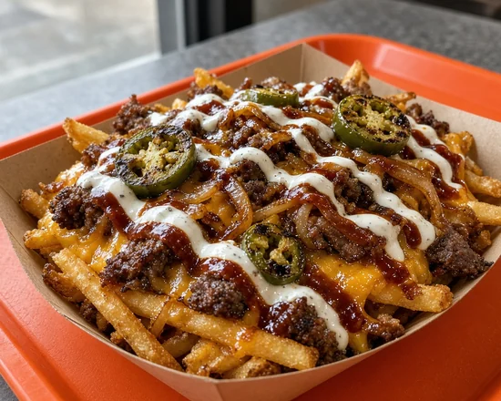 Loaded Jalapeno Fries with smashed beef, grilled jalapenos, onions, cheddar and sauces
